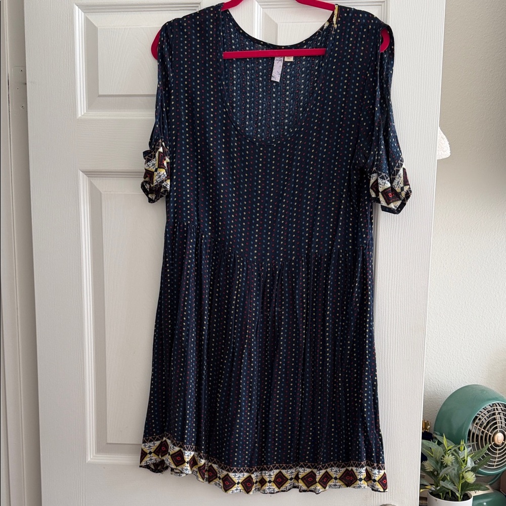 Navy blue printed open shoulder dress